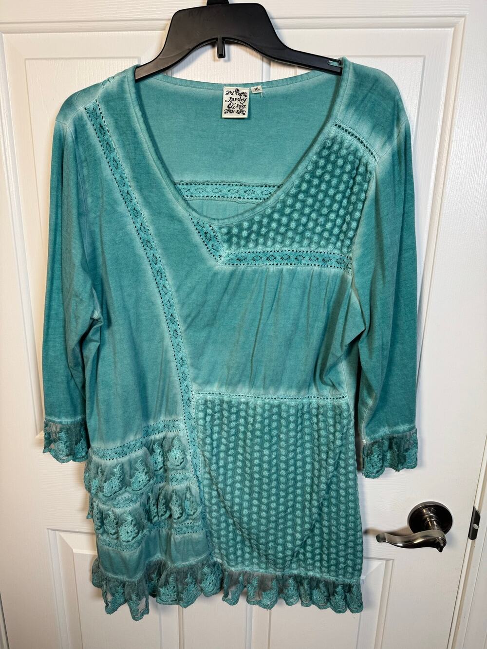 Parsley & Sage Asymmetric Lace Crochet Boho Cottage Tunic Top Teal Green Wash XL
